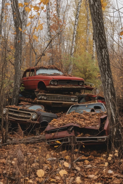 Photo red and brown rusted cars abandoned in the woods with autumn leaves scattered around