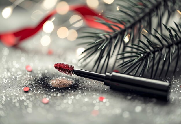 Photo red brush on table next to christmas tree