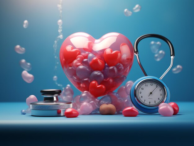 Photo red bubble heart and stethoscope on a serene blue canvas