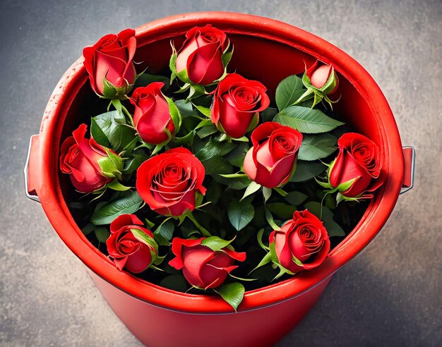 A red bucket of roses with green leaves in the middle.