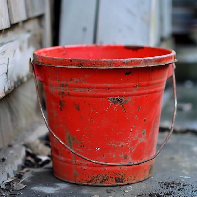 Photo a red bucket with a handle that says quot rust quot on it