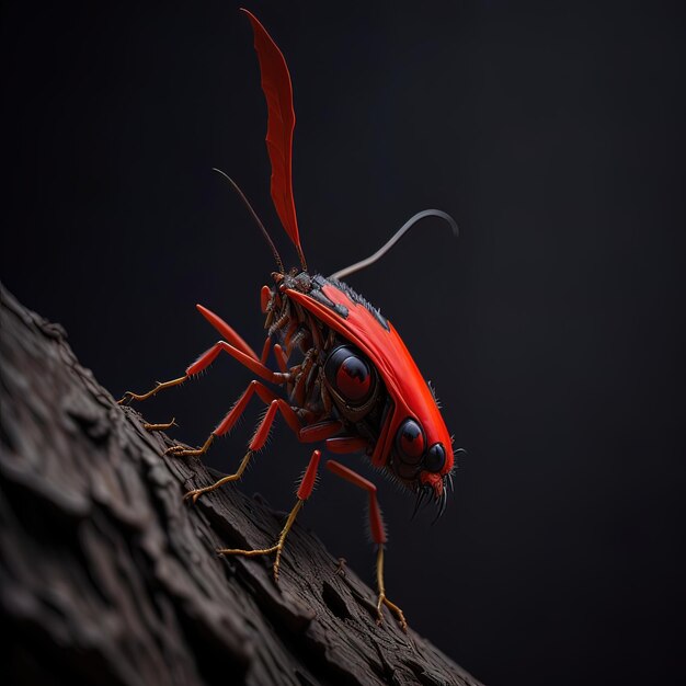 A red bug with black wings is on a tree trunk.