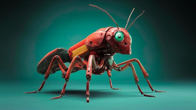 a red bug with a green eye and a red face