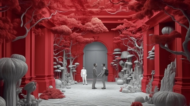 「愛は真ん中にある」と書かれたドアのある赤い建物