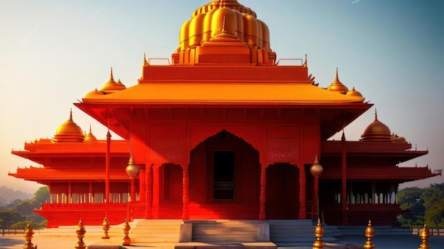 A red building with a golden dome and a white roof.