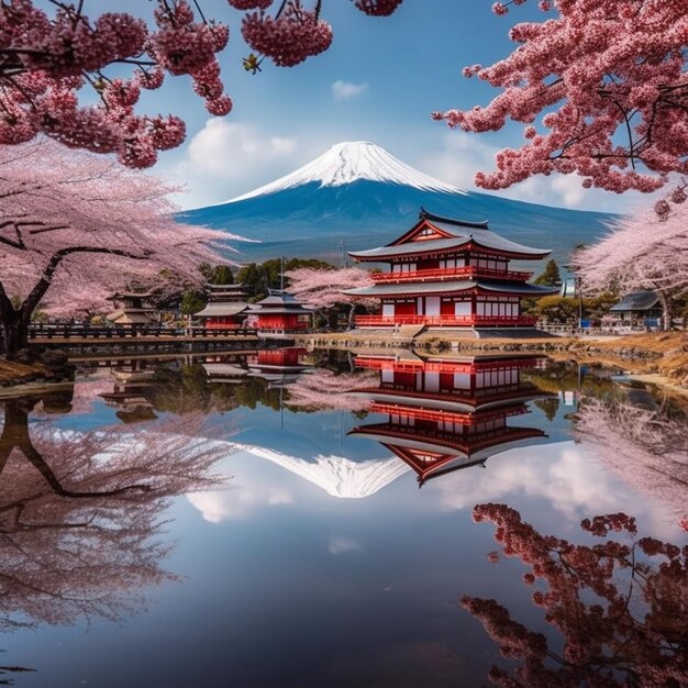 A red building with a mountain in the background