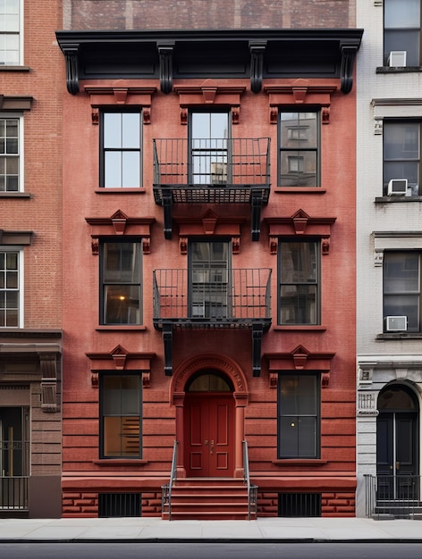 Foto un edificio rosso con una porta rossa che dice 