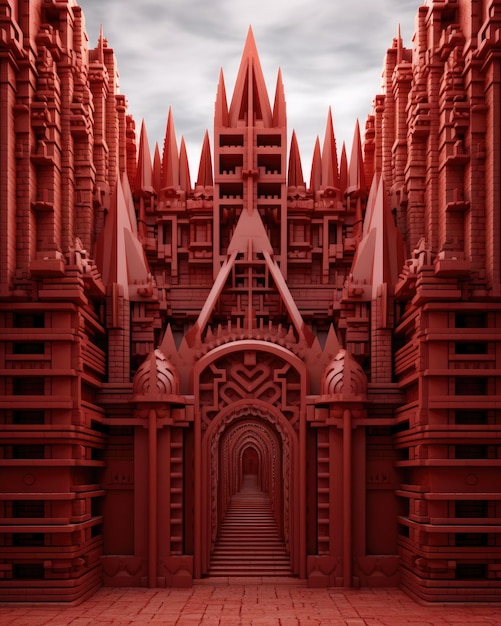 빨간 외관의 빨간 건물과 중앙에 빨간 벽돌 건물이 있습니다.