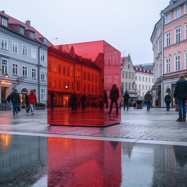 Photo a red building with a red window that says the word on it