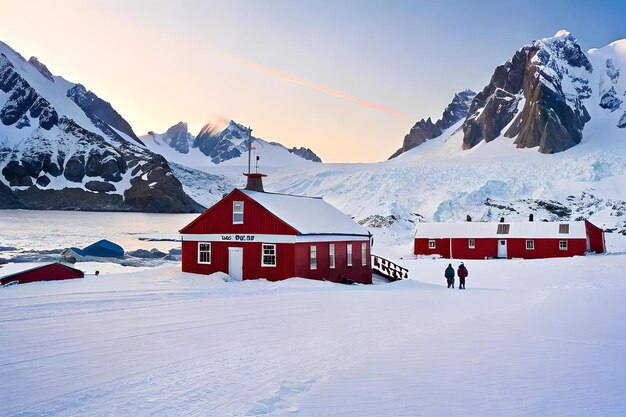 A red building with a white roof and a red building with a red roof.