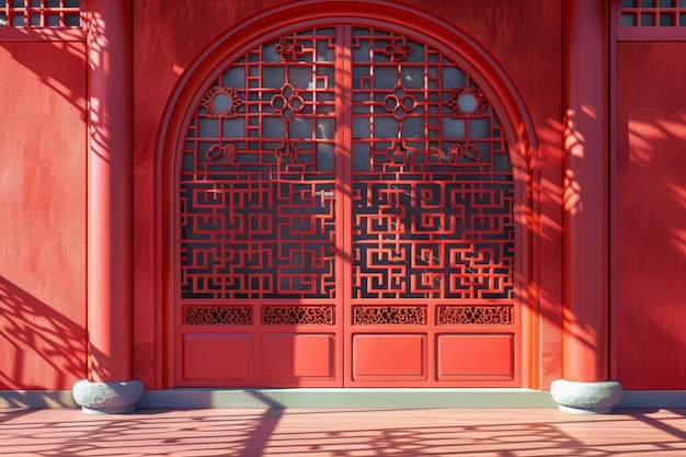 Photo a red building with a window that has a pattern of flowers on it