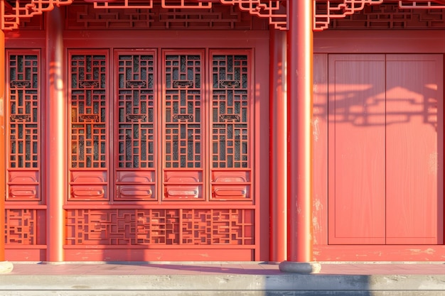 Photo a red building with a window that has a pattern of flowers on it