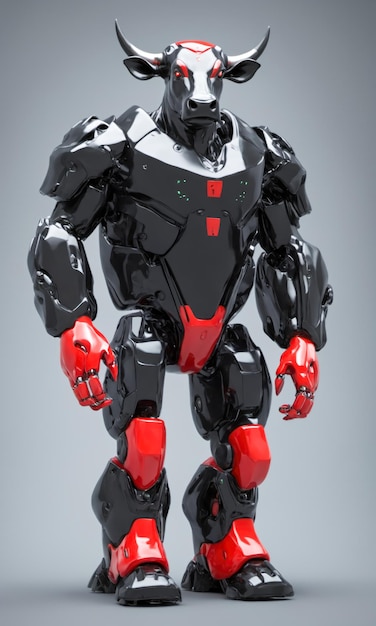 Red bull robot with horns and a red helmet on its head and legs standing in front of a white background