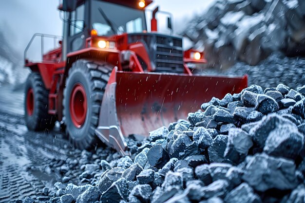 Red Bulldozer Digging Through a Pile of Rocks