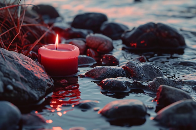 Red burning candle on a black stone in the water with reflection