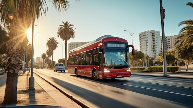 a red bus driving down a street next to tall buildings