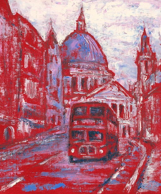 Red bus on the street behind st paul\'s cathedral in london\
england art painting