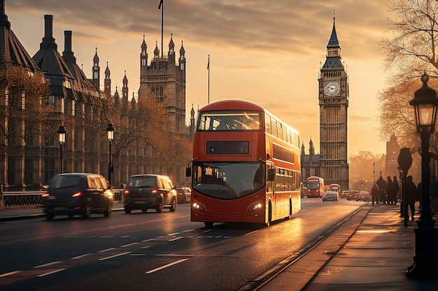 Red Buses in City Street with Clock Tower Big Ben Background in London in the Afternoon