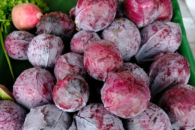 The red cabbage is a kind of cabbage, also known as Blaukraut after preparation. Pile of red cabbage