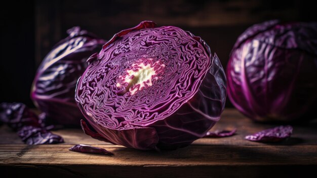 Red cabbage on a wooden table