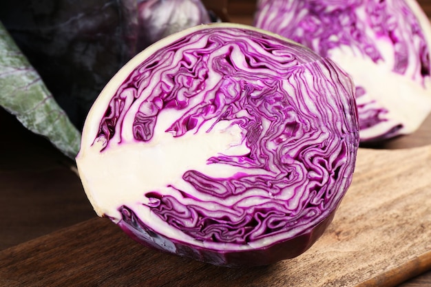 Red cabbage on wooden table