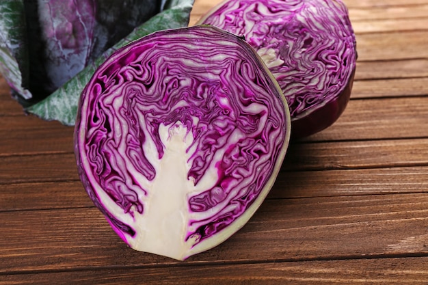 Red cabbage on wooden table