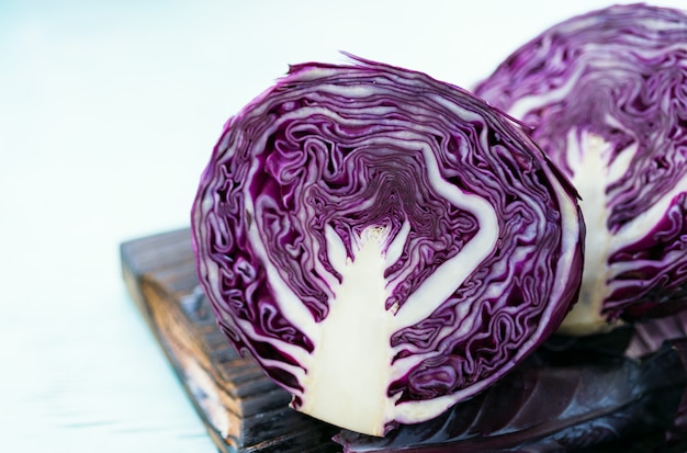 Red cabbage on woodSelective focus.