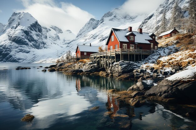 Red Cabin by SnowCapped Mountains and Clear Water Generative AI