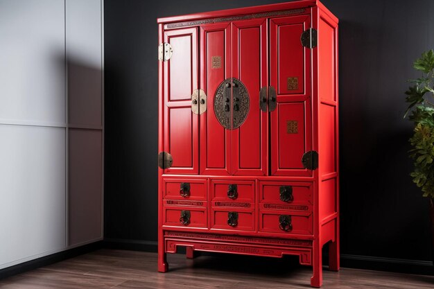 Photo a red cabinet with the word feng shui on the front.