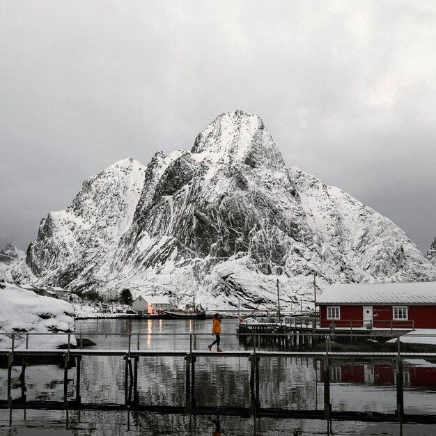 Foto cabine rosse su un reine innevato nell'isola di moskenesøya, norvegia