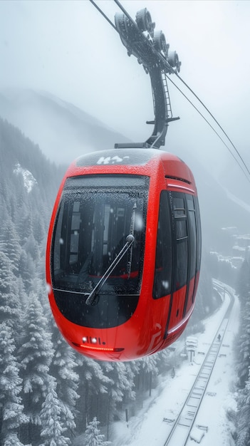 赤いケーブルカーが雪山の景色を降りる