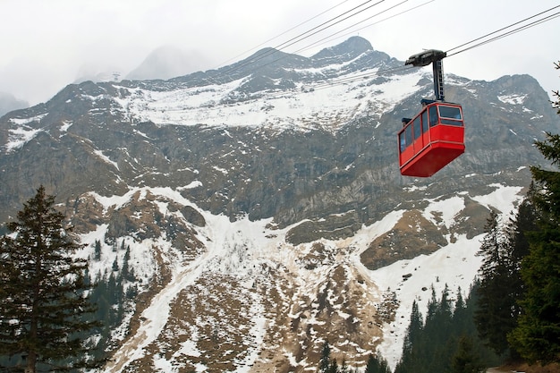 Red cable car railway and landscape of Pilatus Mountain at Lucern Switzerland