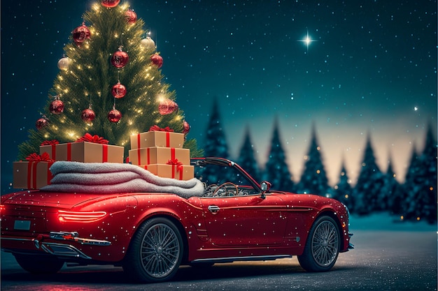 Photo red cabriolet decorated with christmas wreath blankets pillows and gift boxes with presents is standing in night road