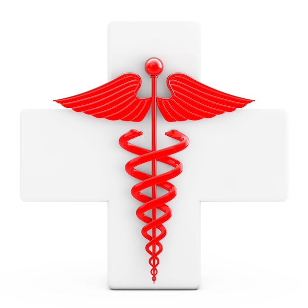 Red Caduceus Symbol  in front of White Cross on a white background. 3d Rendering