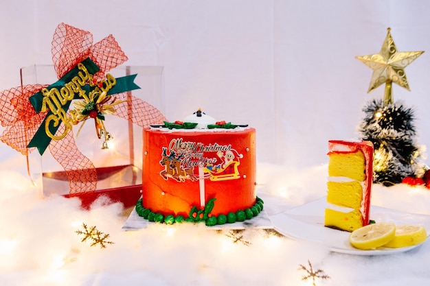 Red cake strawberry in christmas setting with box