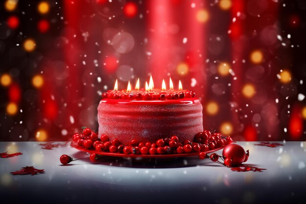 Красный торт со свечами на нем и холли на столе