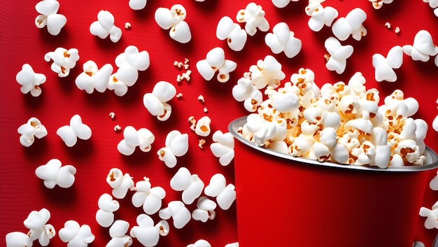 A red can of popcorn with a red background with a white logo that says popcorn on it.