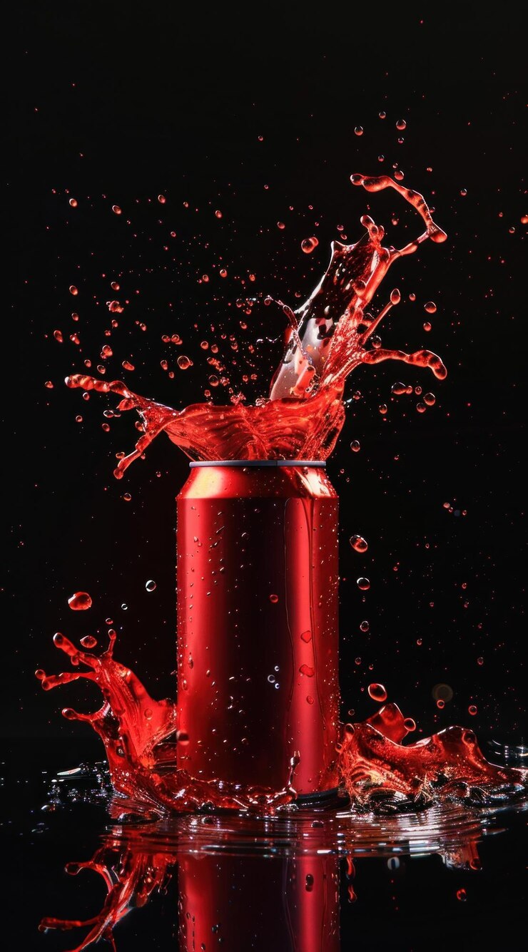 red can of soda splash red water with luxury lighting black background