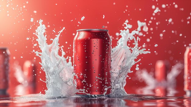 Photo a red can of soda with splashes of water