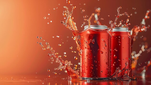 Photo a red can of soda with water splashing out of it