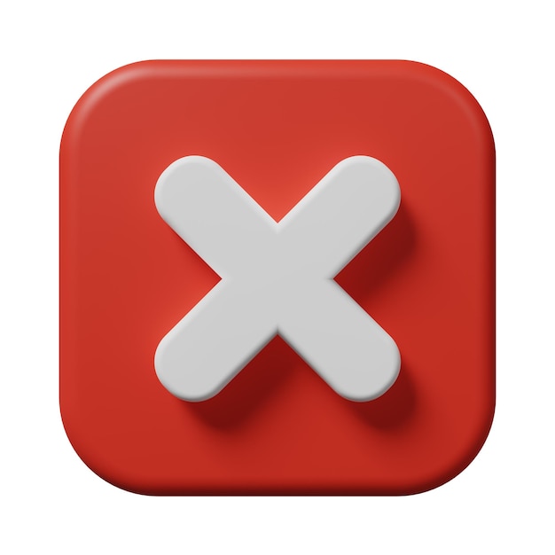 red cancelled x cross mark sign delete or remove button icon in a square isolated on white background wrong error ban failed false verification incorrect negative symbol concept 3d rendering