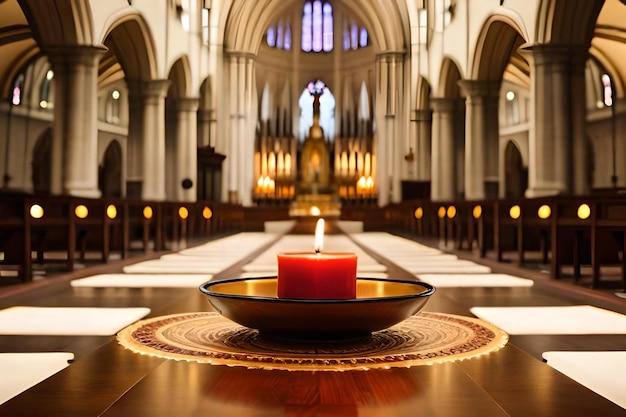 Foto una candela rossa è in una chiesa con una candela rossa sul tavolo.