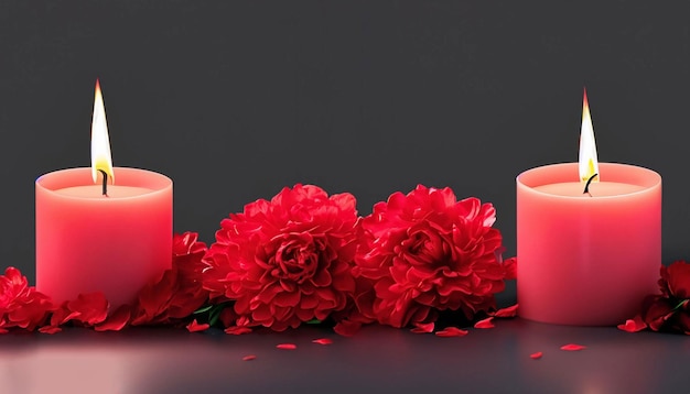 A red candle with a black background and red flowers.