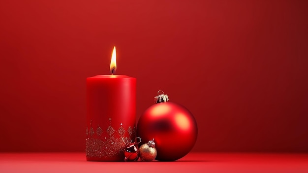 Red Candle with Christmas Decoration on Soft Red Background