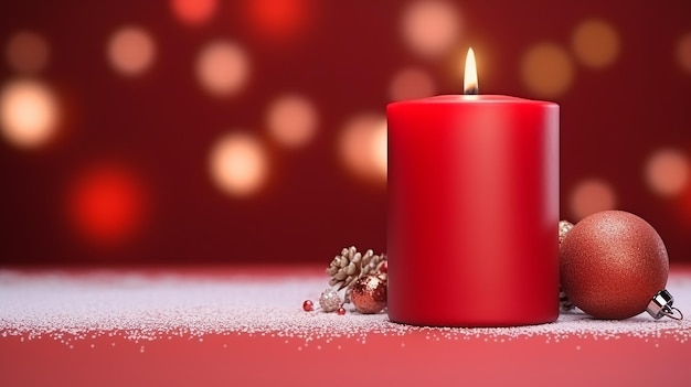 Red Candle with Christmas Decoration on Soft Red Background