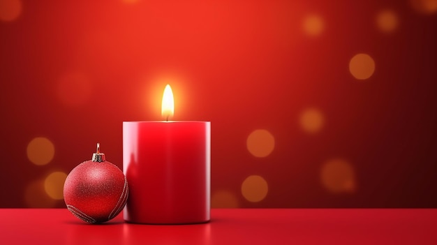 Red Candle with Christmas Decoration on Soft Red Background