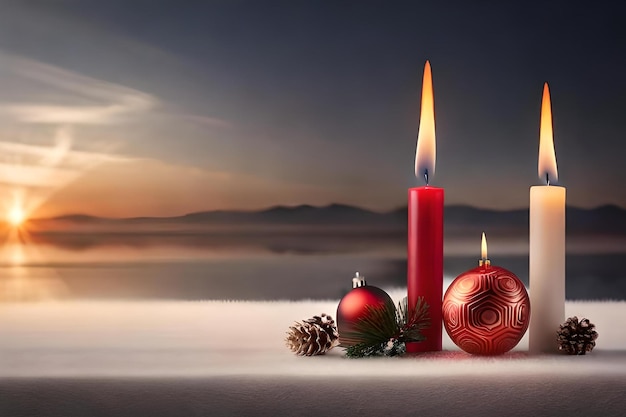 A red candle with a christmas tree in the background