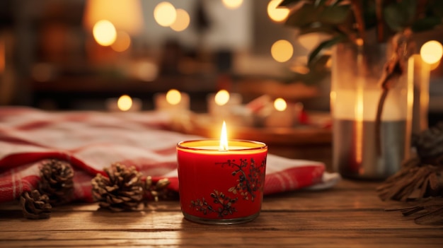 Red Candle on Wooden Table