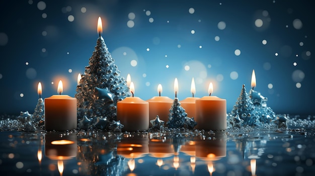 Red candles ornaments Christmas trees on glittering sky snow frosts background Christmas winter