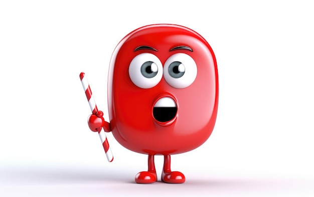 Фото Персонаж красной конфеты с вопросительным знаком в 3d-мультяшном стиле изолирован на белом фоне